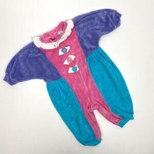 Vtg Girls Bright Color Block Velour Jumpsuit 6-9 M